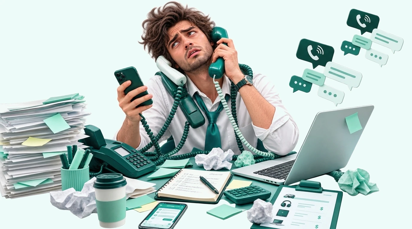 A buyer juggling several phone handsets at a desk buried in paperwork, sticky notes and unanswered messages.